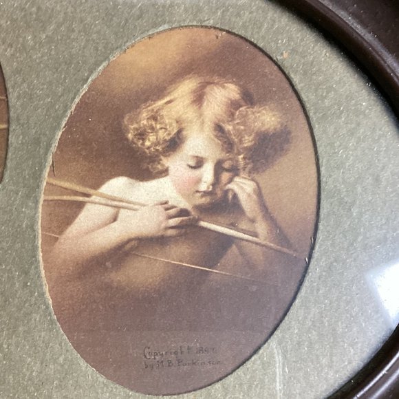 Antique Cupid Awake and Asleep Double Photo Oval Framed Picture - Picture 9 of 11